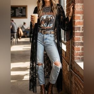 Wenxi Black Floral Lace Fringe Kimono Duster – Size L – Boho Festival Core